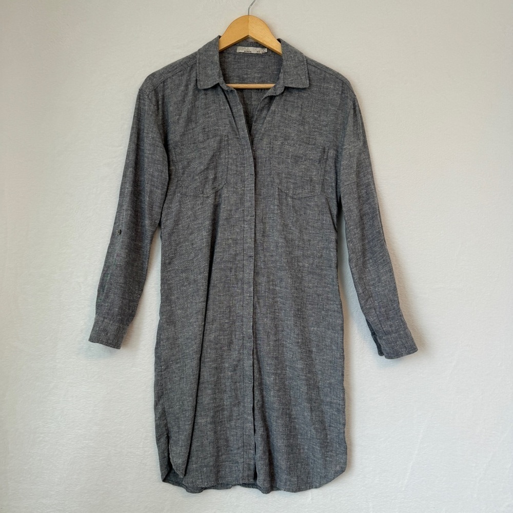 Prana Womens Gray Chambray Casual Button Up La Noa‎ Mini Shirt Dress Size XS